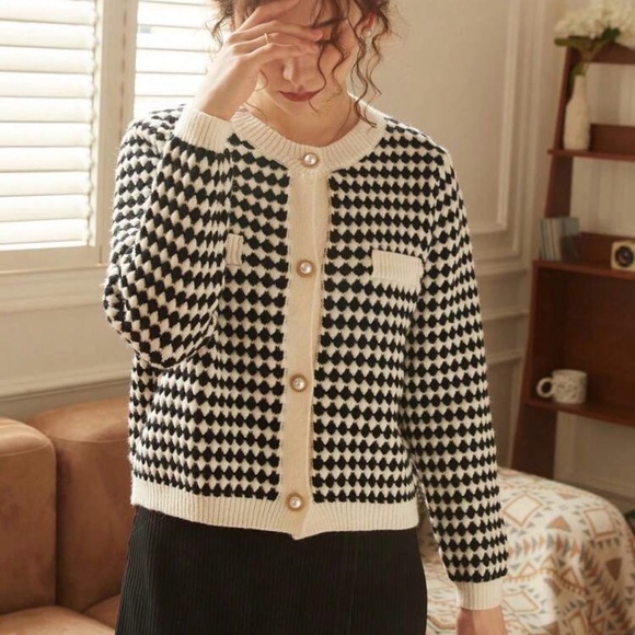 Knit Mix Elegant Knit French Cardigan, Plaid Pattern Pearl Button Front Sweater - Picture 5 of 11